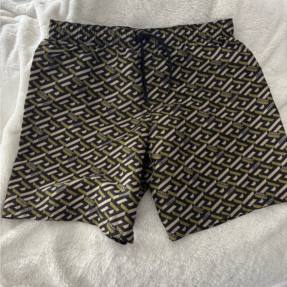Versace Black, Gold & Olive Geometric Swim Trunks NWOT